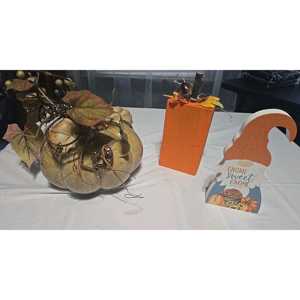 Set‎ Of 3 Fall Harvest Gnome Ceramic Pumpkin Sign Thanksgiving Decor 6032